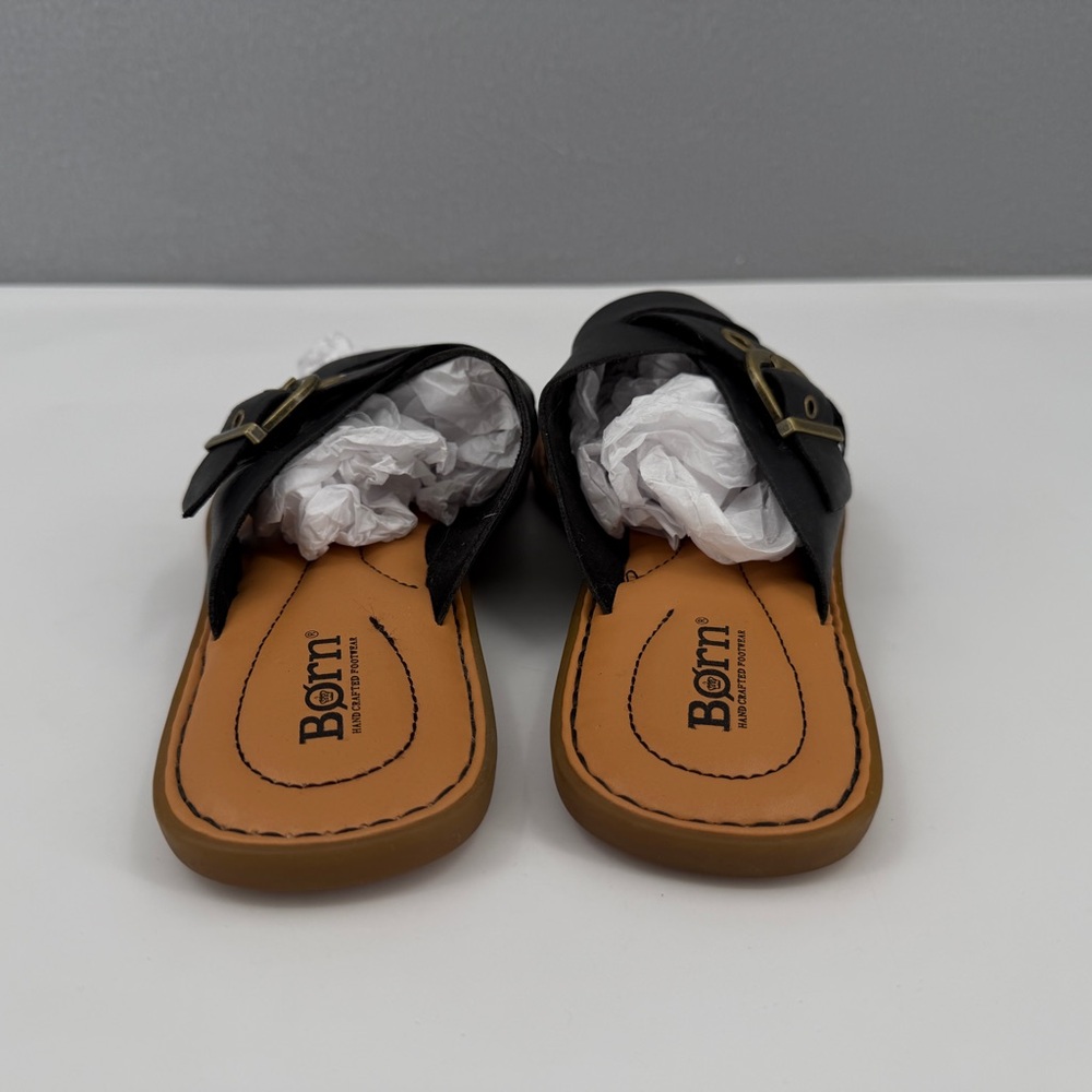 Born Black Leather Slide Sandals with Tan Footbed - Picture 4 of 15